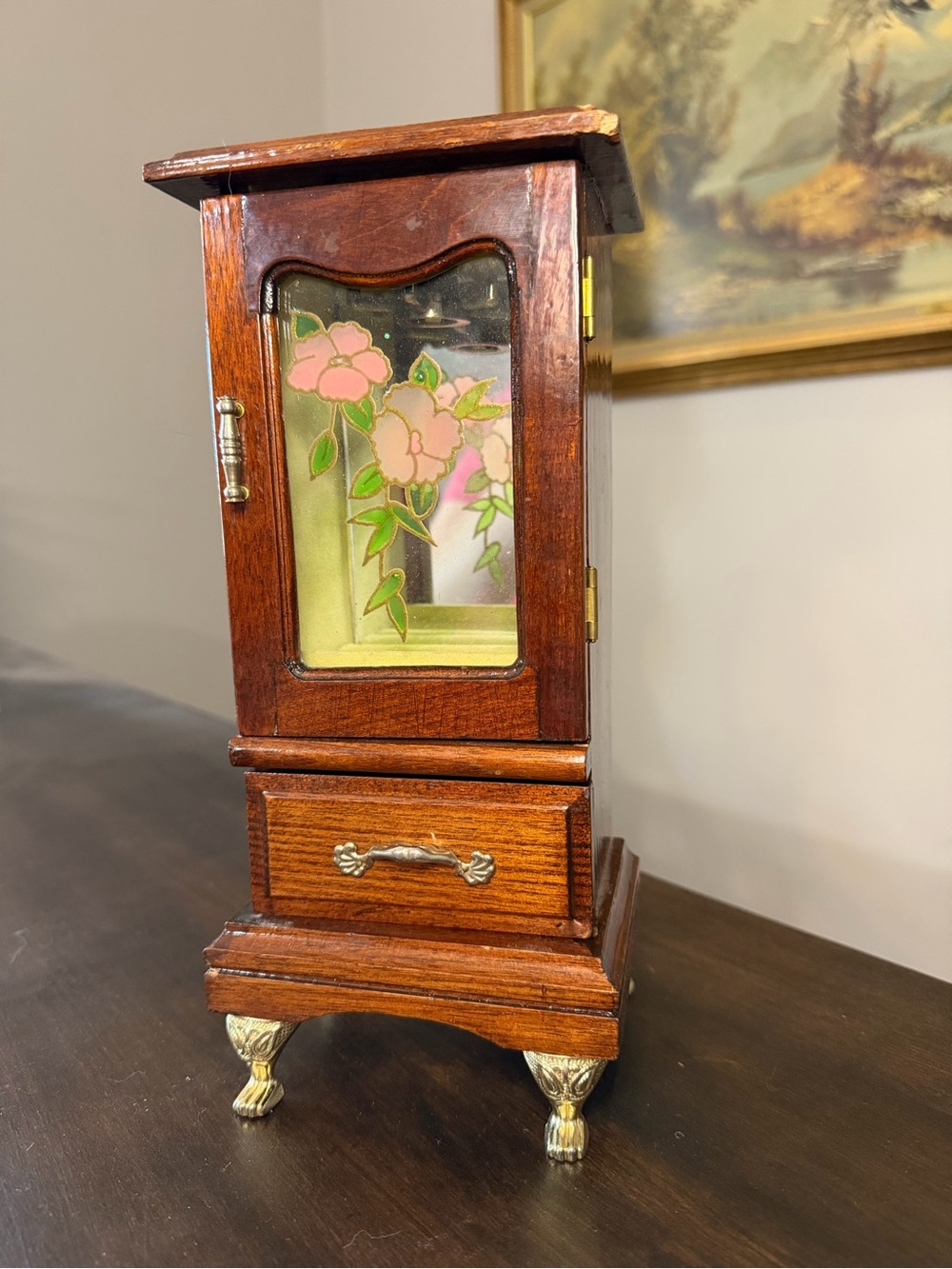 Vintage Wood Jewelry Armoire with Floral Stained Glass Door